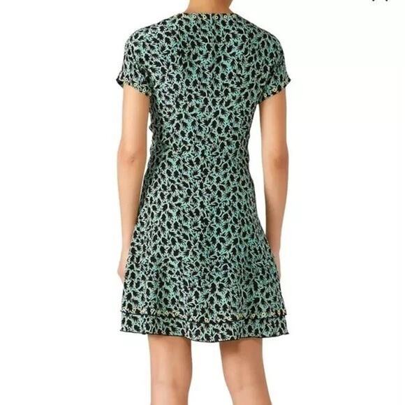 DEREK LAM 10 Crosby Green Black Leaf Printed V Neck Grommet Mini Dress Size 12 - Picture 2 of 14